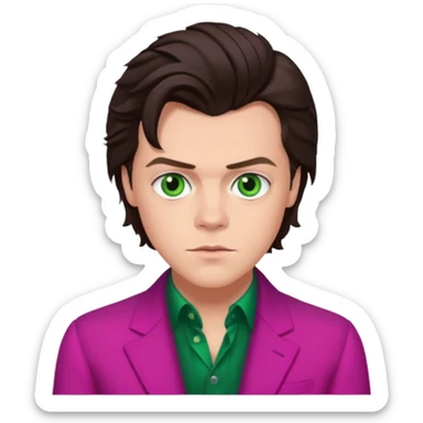 Harry Styles with green eyes, dark brown hair, magenta outfit sticker