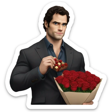 realistic photo of Henry Cavill holding roses and chocolates sticker