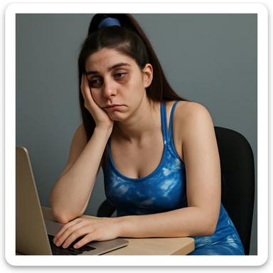 A slender woman in 4K, sitting at a desk, head resting on one hand, with a vacant gaze, prominent dark circles under her eyes, a slouched posture and drooping shoulders, inspired by the reference photo. sticker