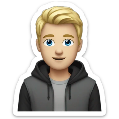 young blond man with gray-blue eyes dressed in a gray hoodie and black vest sticker