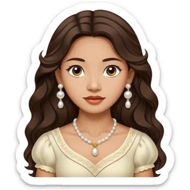Tan Filipino woman with dark brown eyes and long dark wavy hair parted in the middle wearing a traditional filipiniana and white pearl stud earrings and no other jewelry sticker