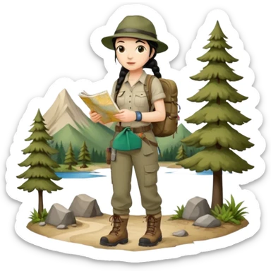 A braid black hair backpacking woman checking her map with curious eyes while walking wear camping hat and dirt covered boots full body sticker