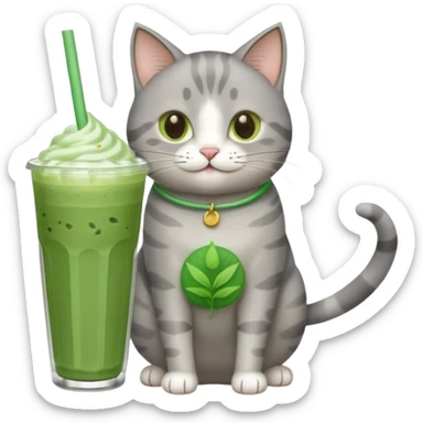 Happy gray Cat holding in its front two paws an iced matcha latte sticker