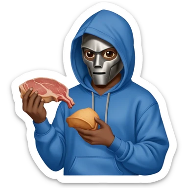 MF DOOM in a blue hoodie holding a piece of meat sticker