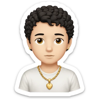 a boy with short black curly hair and brown eyes with white t-shirt and gold jewelry  sticker