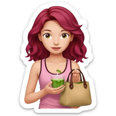 a pretty fair bratz girl with wavy dark red hair, wearing a pink tank top , carrying a matcha and a pink bag sticker