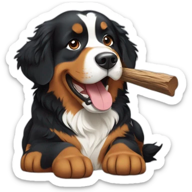 Bernese mountain dog playing with a wood stick sticker