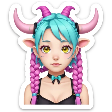 En anime-ku-jente med to rosa lange tykke fletter og cyan striper i håret, ku-horn og ku-ører, sort BH-topp over en gul cropped-fleece-blouse, lilla øyne, søt sløyfe på halsen  sticker