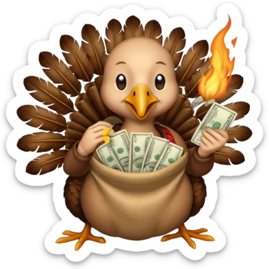 Can you create a turkey warming up a bag of money by a fire sticker