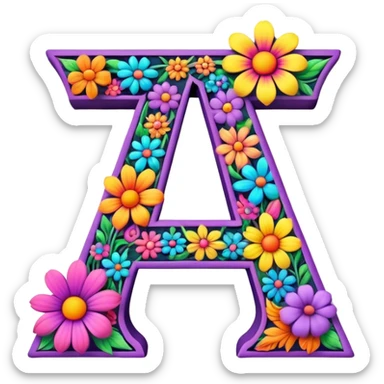 3D, gothic style psychedelic colored Letter A with hippie style flower border sticker