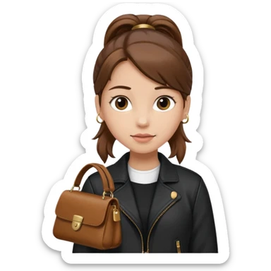 A girl with a pony tail brown hair and white ish skin with a black jacket and a brown purse sticker