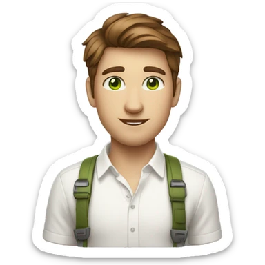 Brown short haired, green eyes, white shirt, AirPods, developer with macbook sticker