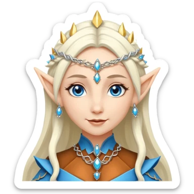 elf princess with pointy ears, white skin, silverblond hair with jewellery, blue eyes, gentle smile sticker