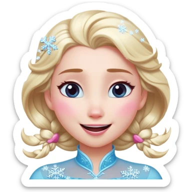 Cinematic Adorable Elsa Portrait Emoji, Giggling as tiny snowflakes swirl around her, cheeks flushed pink from the cold, eyes twinkling with warmth, a heart-melting mix of beauty and playfulness! sticker