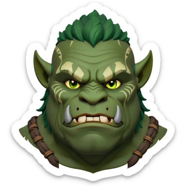Cinematic Noble Ogre Portrait Emoji, Majestic and imposing, with a rugged, muscular form in deep earthy greens and browns, adorned with battle scars and subtle tribal markings, exuding calm, noble strength and unexpected wisdom, simplified yet strikingly detailed, glowing with a shadowy outline that captures the essence of a gentle giant with fierce heart! sticker