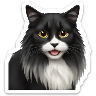 black cat domestic long-haired with half white mouth sticker