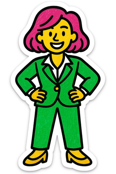 woman in a suit, modern look, green gold and white color scheme, rounded shapes, simple design sticker