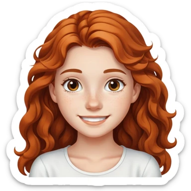 smiling teenage girl with long wavy hair, freckles, white top sticker