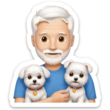 handsome gentleman, 60 years old, crew cut silver hair, full beard, wearing a blue t-shirt, smiling and holding a maltese dog sticker