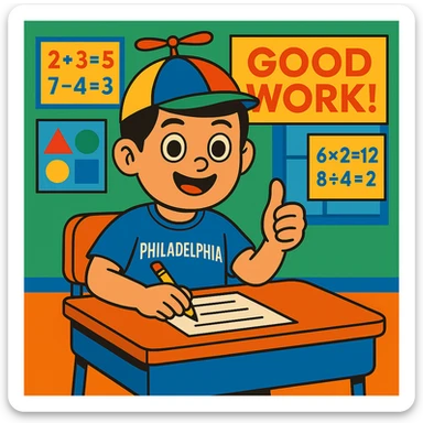 Change Little Johnny's hair to dark brown or black, keeping the rest of the scene the same: boy named Little Johnny, propellor hat, Philadelphia sports shirt, in a classroom with math posters, demonstrating good work habits, colorful and friendly illustration style. sticker