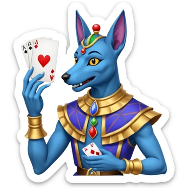 crazy colorful anubi jolly joker from poker, medieval, vintage, court jester, mac os icon, blue color, holds a single poker card on the right paw sticker