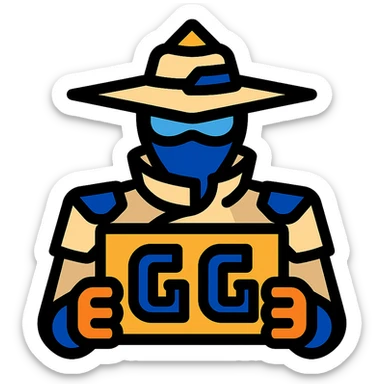 Cypher from Valorant holding a sign with the text 'GG', bold and clean style, modern gaming icon, vibrant and sharp, 500x500 pixels sticker