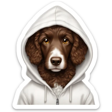 Chocolate brown Aussie doodle in a white hoodie with the hood up sticker