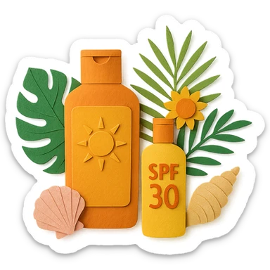 group of sunscreen bottles, shells, and tropical leaves, layered paper effect, paper-craft style sticker