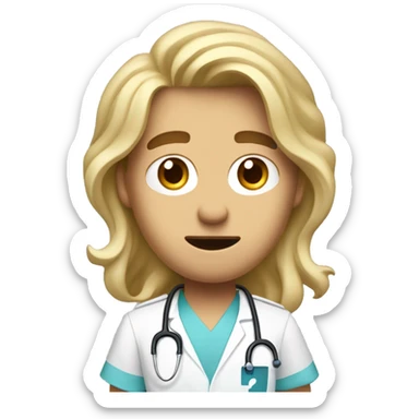 A handsome young male nurse with long, wavy dirty-blonde hair cascading down past his shoulders looks clueless and afraid with a question mark  sticker