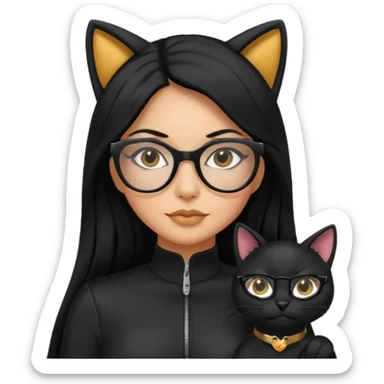 Hispanic woman with long silky hair and glasses in a cat suit sticker
