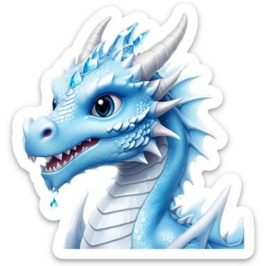 Cinematic Cute Beautiful Ice Dragon Portrait Emoji, Head tilted playfully and inquisitively, featuring a sleek, glacial form with intricately detailed, frost-kissed scales in shimmering blues and sparkling silver, accented by delicate ice crystal patterns and a gentle, enchanting glow; rendered with lifelike clarity and soft, natural light, high shine, charming and cool, styled with a touch of wintry fantasy, soft glowing outline, capturing the essence of a mischievous yet endearing ice guardian poised to twirl playfully into your dreams! sticker