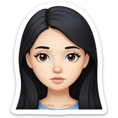 girl with long black hair, soft makeup, and acne on her face sticker