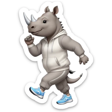 friendly anthropomorphised rhino jogging upright, wearing a sporty tracksuit and sneakers, dark sunglasses, standard pose sticker