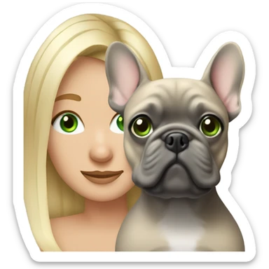 Blonde woman green eyes hugging gray frenchie  sticker