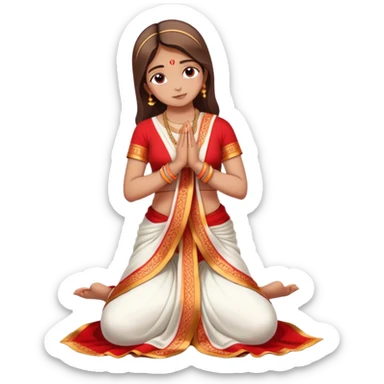 Full body Bengali girl wearing traditional red and white saree with hands joined in prayer position sticker