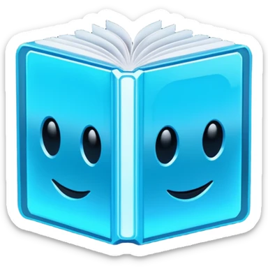 Pixel art emoji icon of a futuristic holographic book (help), neon blue sci-fi voxel style, cute tech aesthetic, centered, simple, high contrast, 3D shading, soft glow, transparent background, 100x100 px, game UI icon sticker