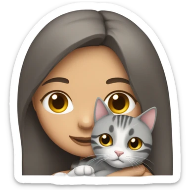 brunette girl snuggling grey tabby cat sticker