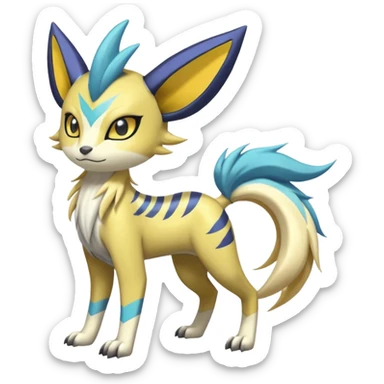 Feral Lightning-patterned Zig-zagged buzzy fuzzy Meloetta-Renamon-Electrike-Luxray-Cobalion-Suicune-Vernid-fusion-hybrid-creature, full body  sticker
