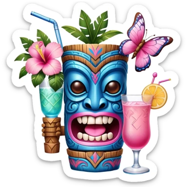 Pixar style little Blue and pink tiki singing with a butterfly and tropical drink, ultra detailed and lifelike imagery, realistic sticker