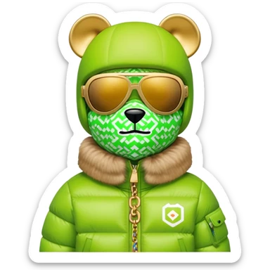 geometric bearbrick wearing lime balaclava with brand logos, continuous horizontal visor sunglasses as one piece across entire face, no eye division, luxury puffy down jacket with fur collar, heavy gold chains sticker