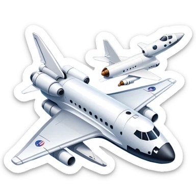 An icon featuring a space shuttle, a drone, and an airplane against a starry sky, symbolizing aerospace technology. The design includes rocket boosters and satellite orbits, representing the exploration of space and advanced aviation. Transparent background sticker
