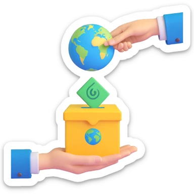 3D illustration of a hand holding a simplified Earth with green and blue colors above a warm yellow ballot box, ready to drop it in, playful style, bold lines, soft textures sticker
