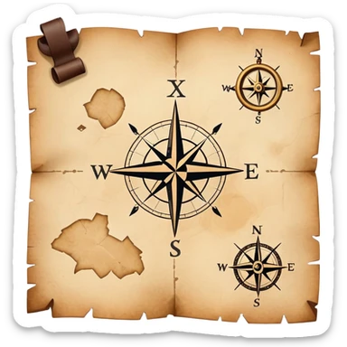 A simple treasure map with an X marking the spot, weathered edges, compass rose in the corner sticker