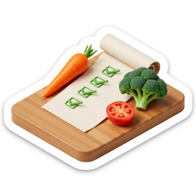 carrot tomato brocoli on the wooden cutting board with floating rolled paper list with green checkboxes sticker