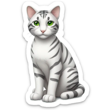 Grey white cat, sitting, green eyes, cute, grey tiger back, white feet sticker