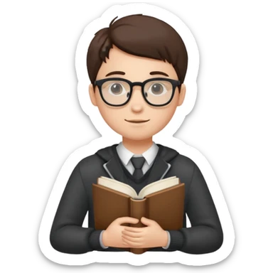 A student wearing glasses, hold book in front of their chest sticker