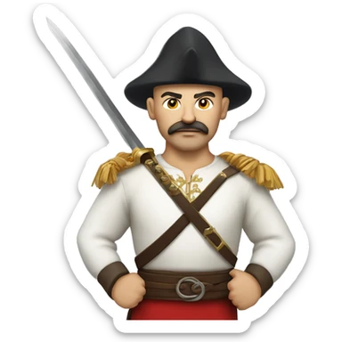 a Cossack warrior in a field holding an ancient saber. The Cossack has a shaved head and a long strand of hair on one side. He has a thick, curved mustache and wears a gold earring in his left ear. His outfit is simple, a white shirt and red pants sticker