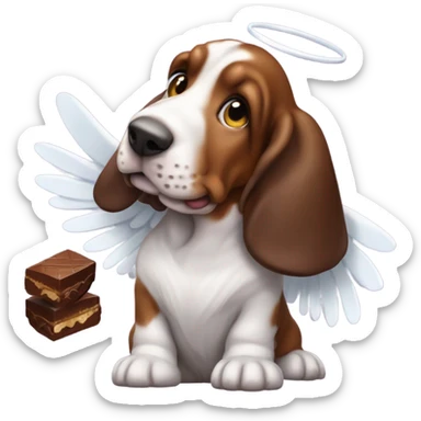 Basset hound with angel wings eating a box of chocolates, with chocolate around his mouth  sticker