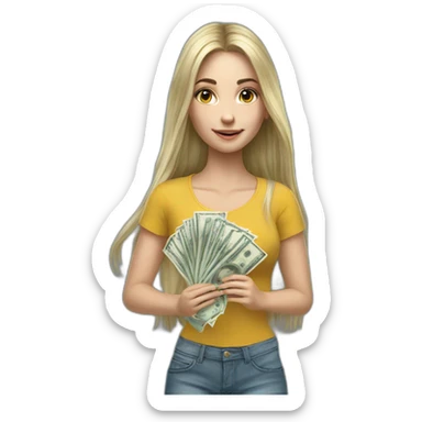 hyperrealist caucasian girl black long hair holding money sticker