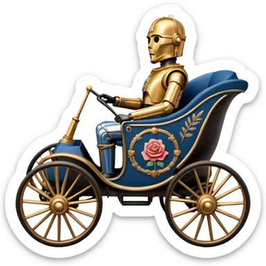 Action in Old American West tarnished C-3PO policeman in 1864 delicately ornate rosegold accents painted buggy powered by electric motors and batteries with safety features and belts flying rapidly across rough terrain  sticker